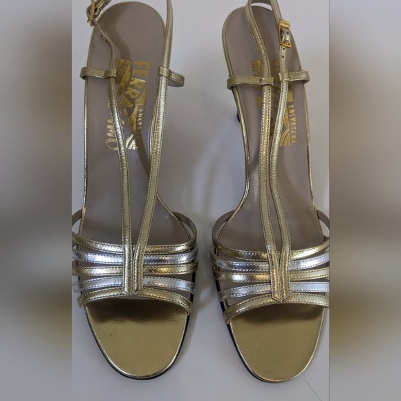 Salvatore Ferragamo Tiffany Slingback Strappy Gold Leather Sandals 8 Vintage - Picture 3 of 14